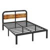 Queen Heavy Duty Black Metal Bed Frame with Solid Wood Panel Headboard