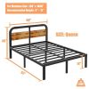 Queen Heavy Duty Black Metal Bed Frame with Solid Wood Panel Headboard