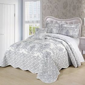 Queen size White Damask Embroidered 4 Piece Oversized Bedspread Set